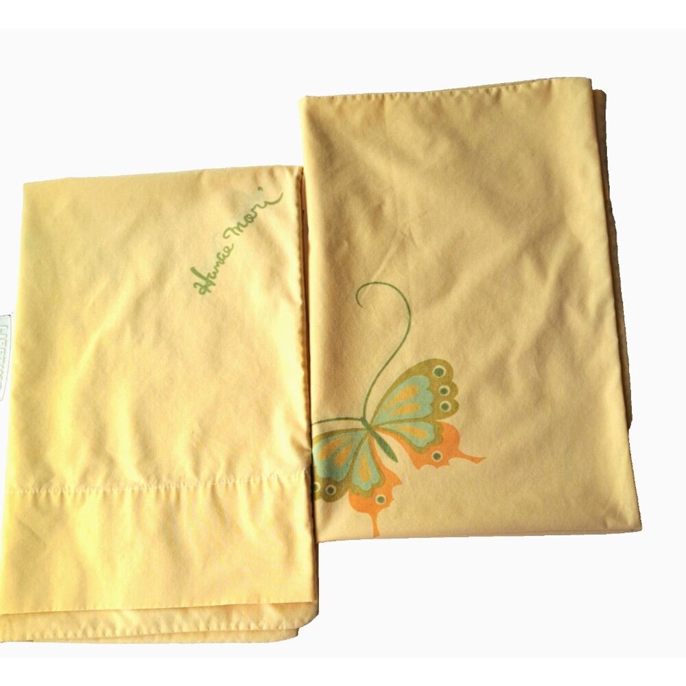 2 Hanae Mori Butterfly Pillowcases Standard Vtg Yellow MCM Retro Hippie‎ 60s 70s